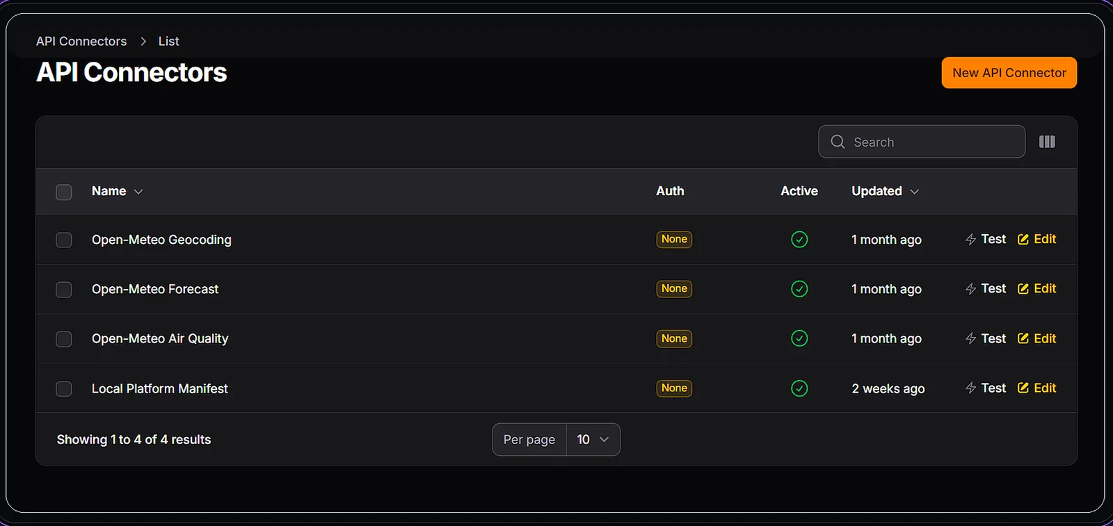 API connectors table showing auth state and connector test actions