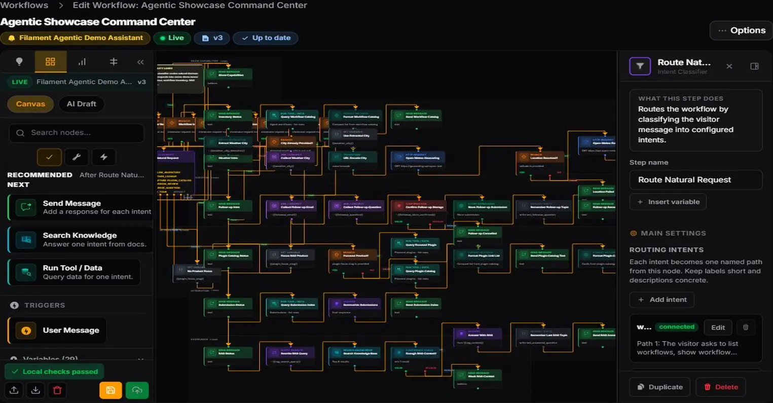 Agentic Showcase Command Center workflow editor with routed node graph and intent inspector