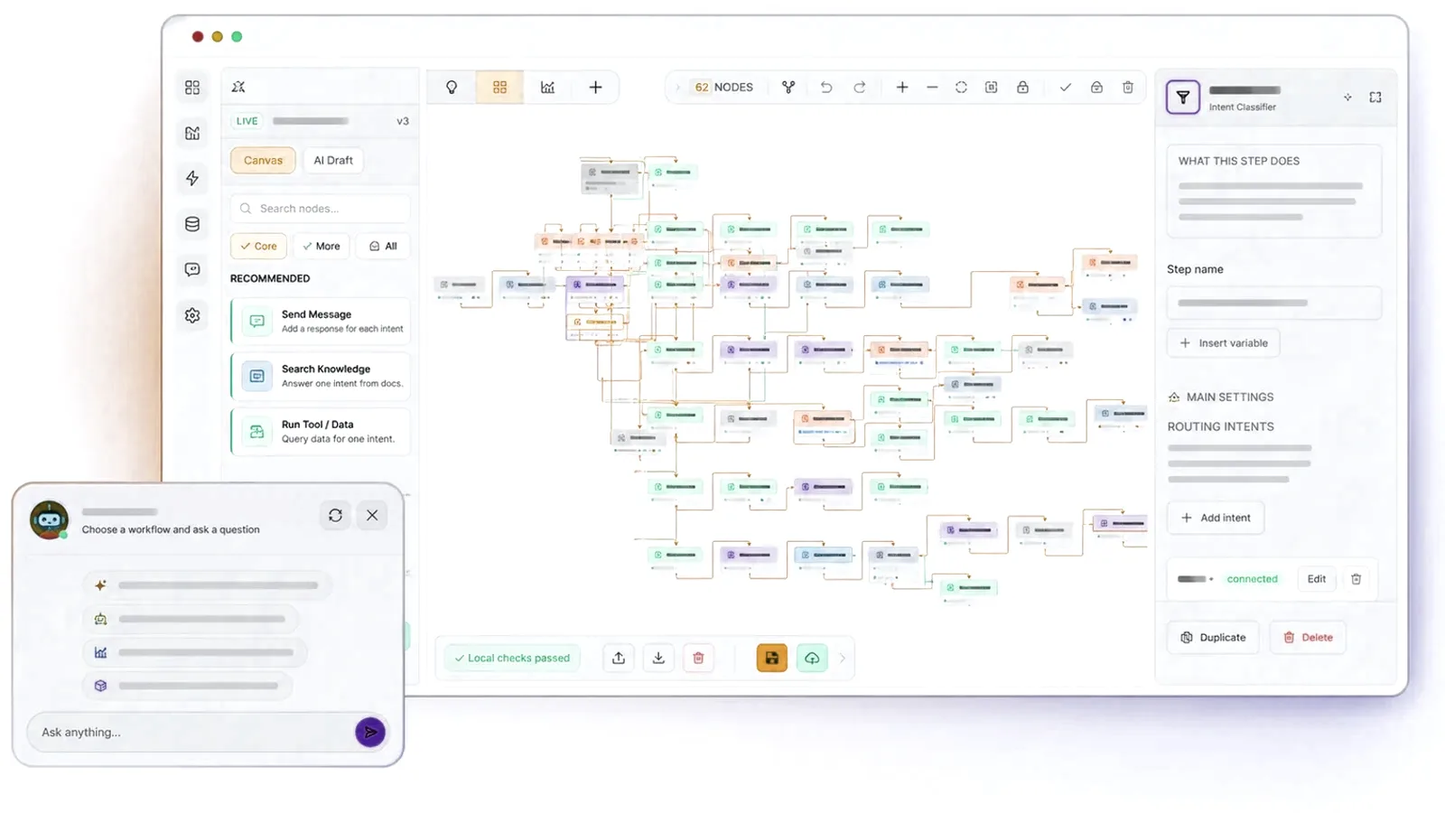Agentic AI chatbot builder with workflow canvas, route inspector, and embeddable chat widget